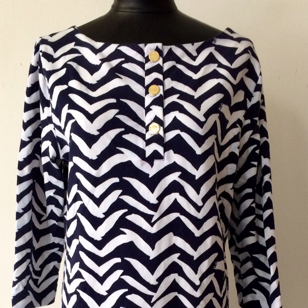 Lilly Pulitzer L Charlene Dress Lucky White Bird Chevron Navy Stretch 3/4 Sleeve
